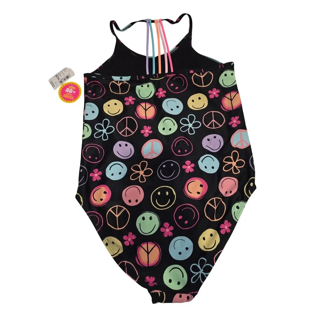 The Children's Place Girls XXL 16 One Piece Swimsuit Smiley Peace UPF 50+ Black